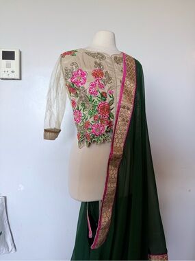 Embroidered Floral Beige & Pink Women's Top with Green Dupatta